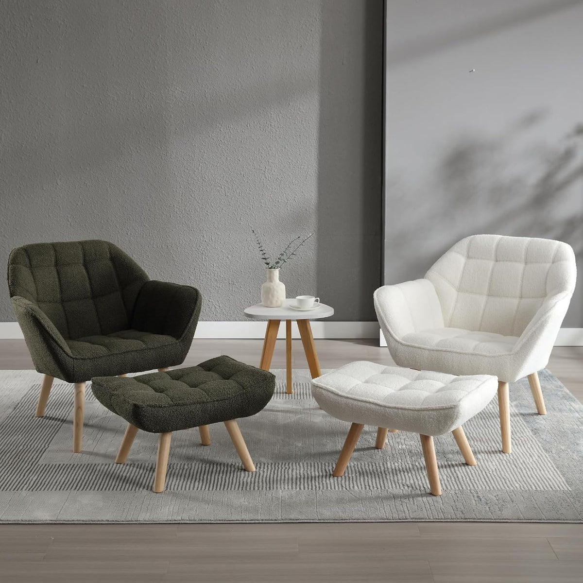 Modern Sherpa Accent Chair with Ottoman Set of 2, Fluffy Upholstered Lounge Chair with Footrest