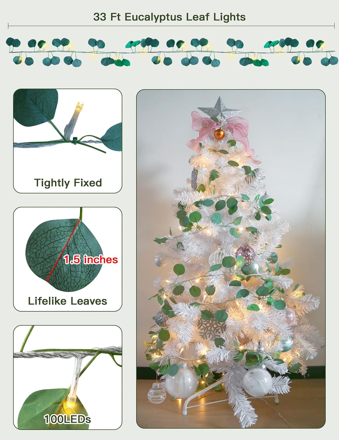 suddus Vines with Lights Plug in, 33ft 100 LED Eucalyptus Garland String Light Connectable with