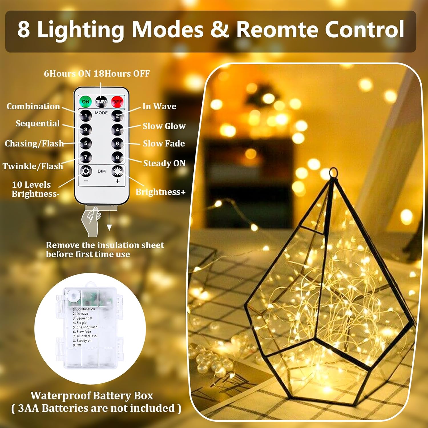 2-Pack Fairy Lights Battery Operated with Remote, Waterproof 33FT 100 LED Battery String Lights