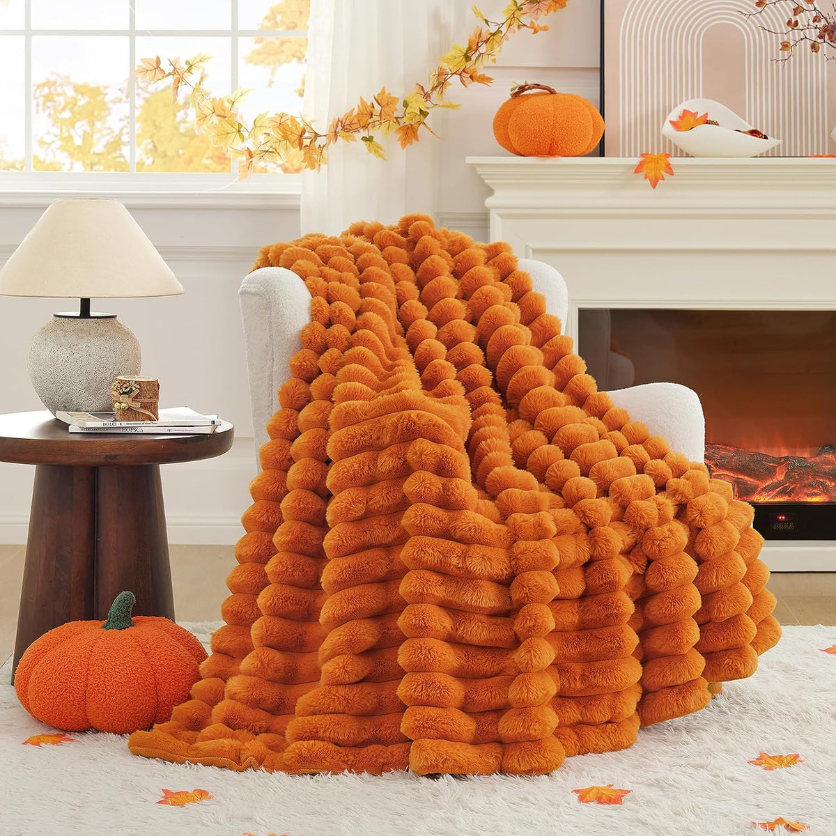 Cozy Bliss Fall Harvest Faux Fur Throw Blanket for Couch, Cozy Warm Plush Striped Blanket for for