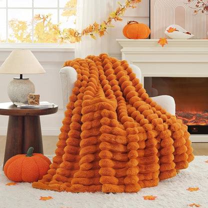 Cozy Bliss Fall Harvest Faux Fur Throw Blanket for Couch, Cozy Warm Plush Striped Blanket for for