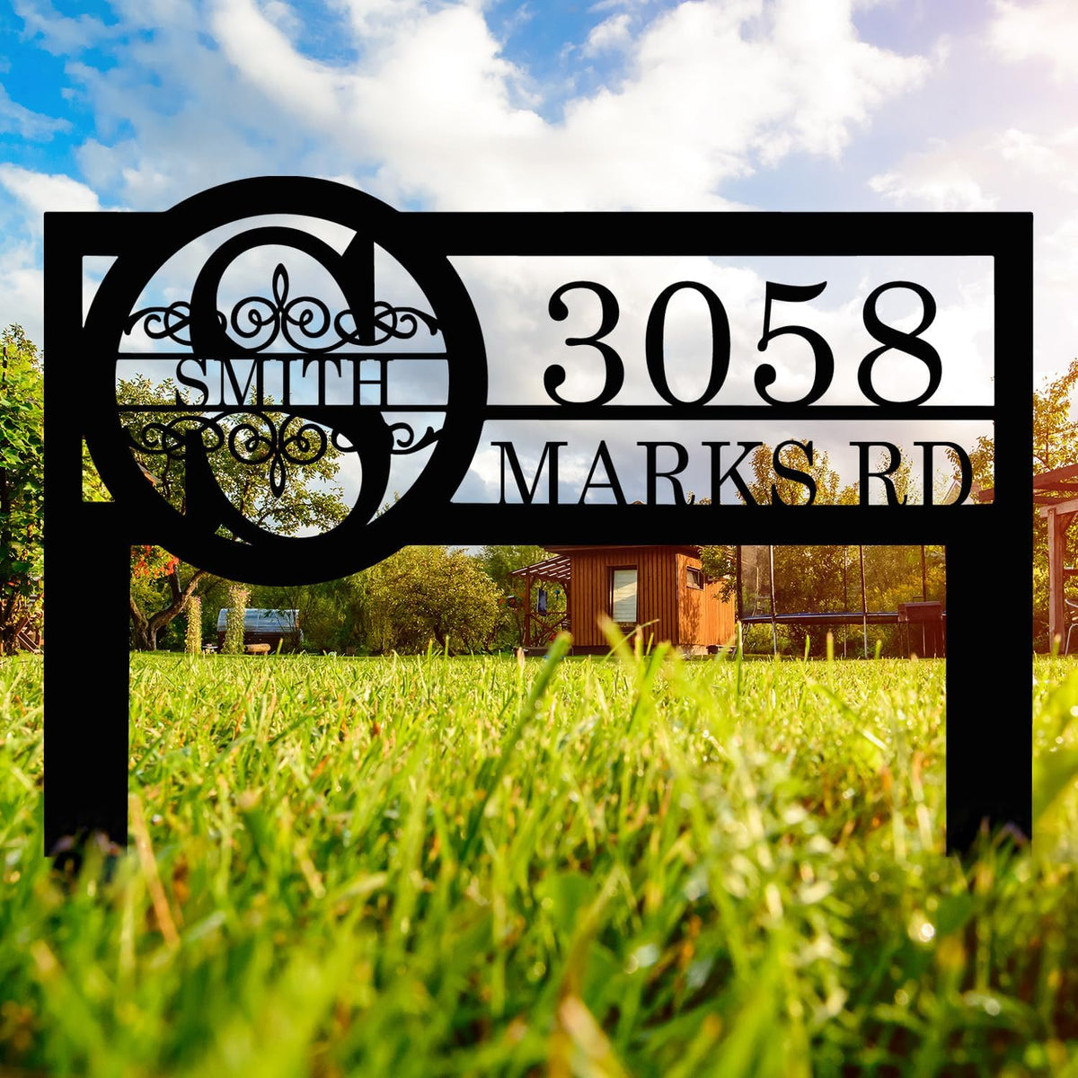 Personalized Metal Yard Address Sign with Last Name and Monogram, House Number Sign for Lawn and
