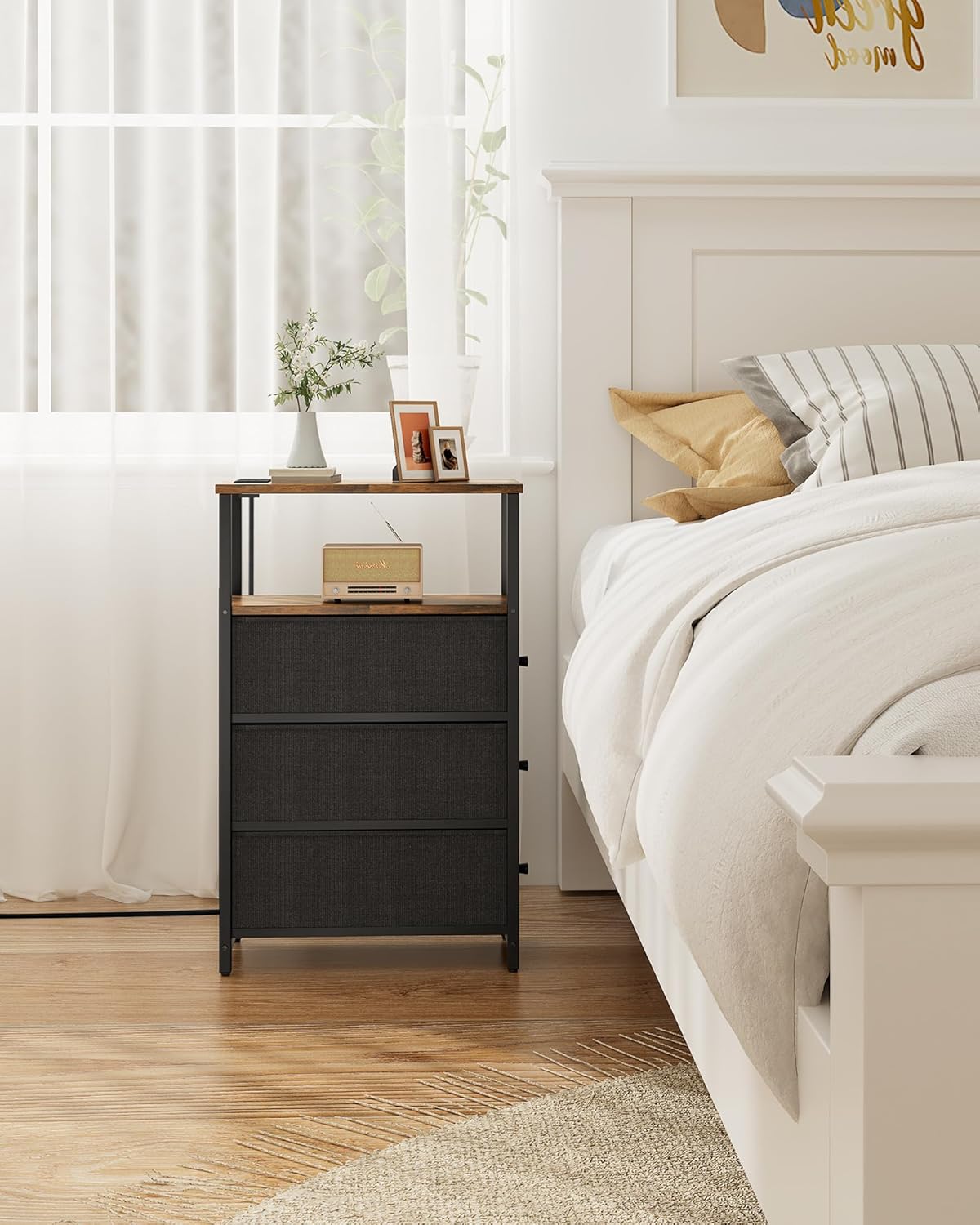 TUTOTAK Narrow Night Stand with Charging Station, Slim End Table with Plugins, Tall Side Table with