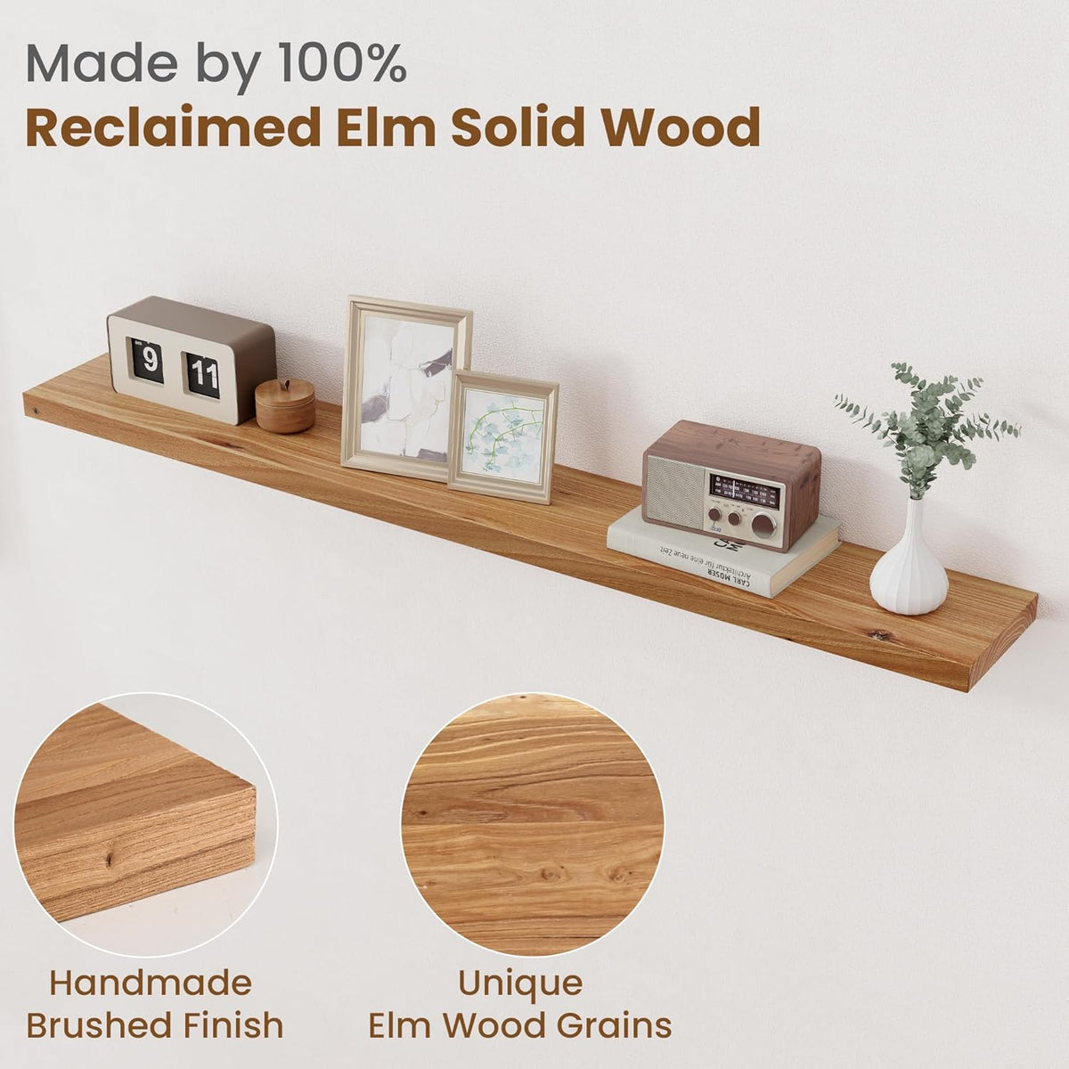 Floating Shelves for Wall Decor, 8" Deep Rustic Solid Elm Wood Floating Shelves Wall Mounted, Wall