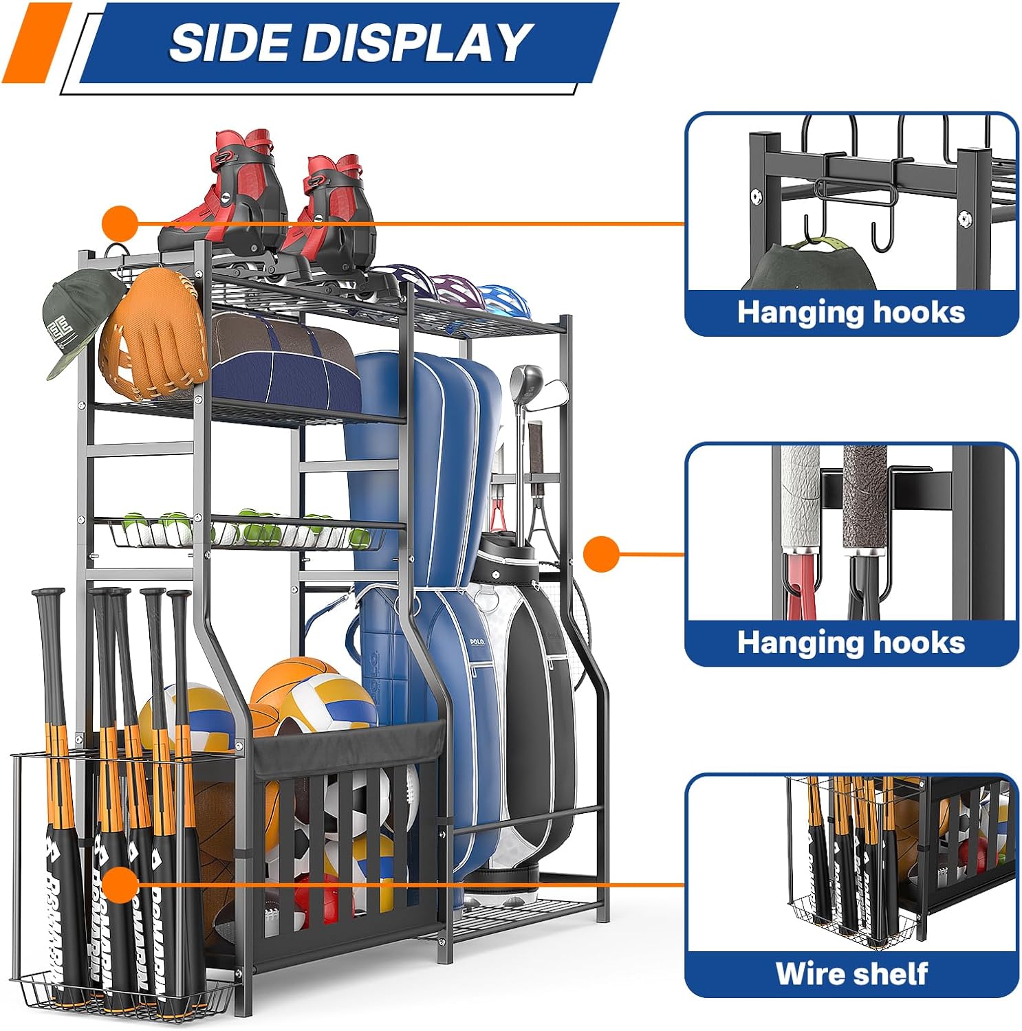 Garage Sports Equipment Organizer, Strong Load Bearing Golf Bag Organizer, Multi Use Golf Ball Rack