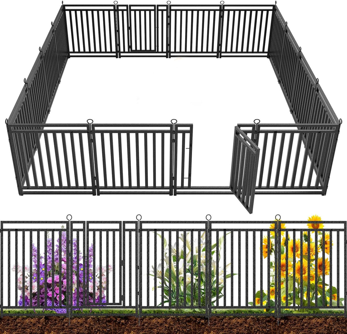 Decorative Garden Fence Metal Dog Fence Outdoor for Yard, 36ft (L) × 32in (H), 14 Panels + 2 Gates