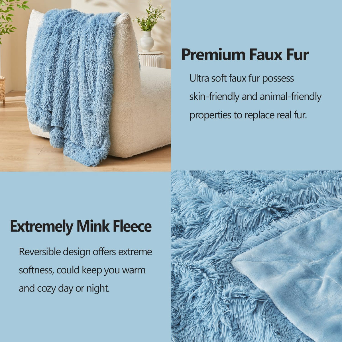 GONAAP Fuzzy Faux Fur Throw Blanket Twin Size Light Blue Super Soft Cozy Plush Fuzzy Shaggy Blanket