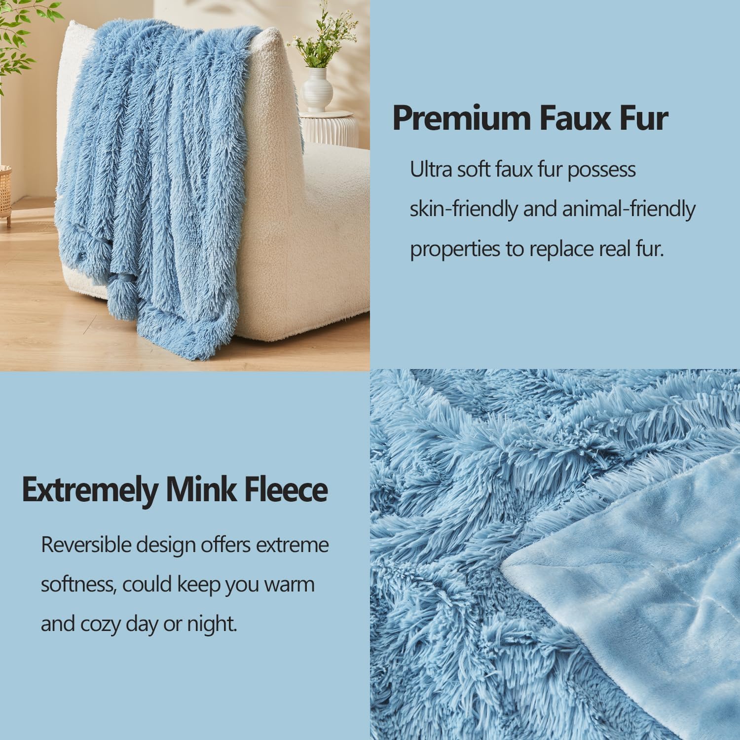 GONAAP Fuzzy Faux Fur Throw Blanket Twin Size Light Blue Super Soft Cozy Plush Fuzzy Shaggy Blanket