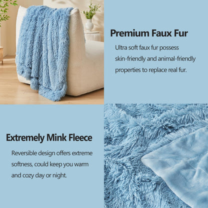 GONAAP Fuzzy Faux Fur Throw Blanket Twin Size Light Blue Super Soft Cozy Plush Fuzzy Shaggy Blanket