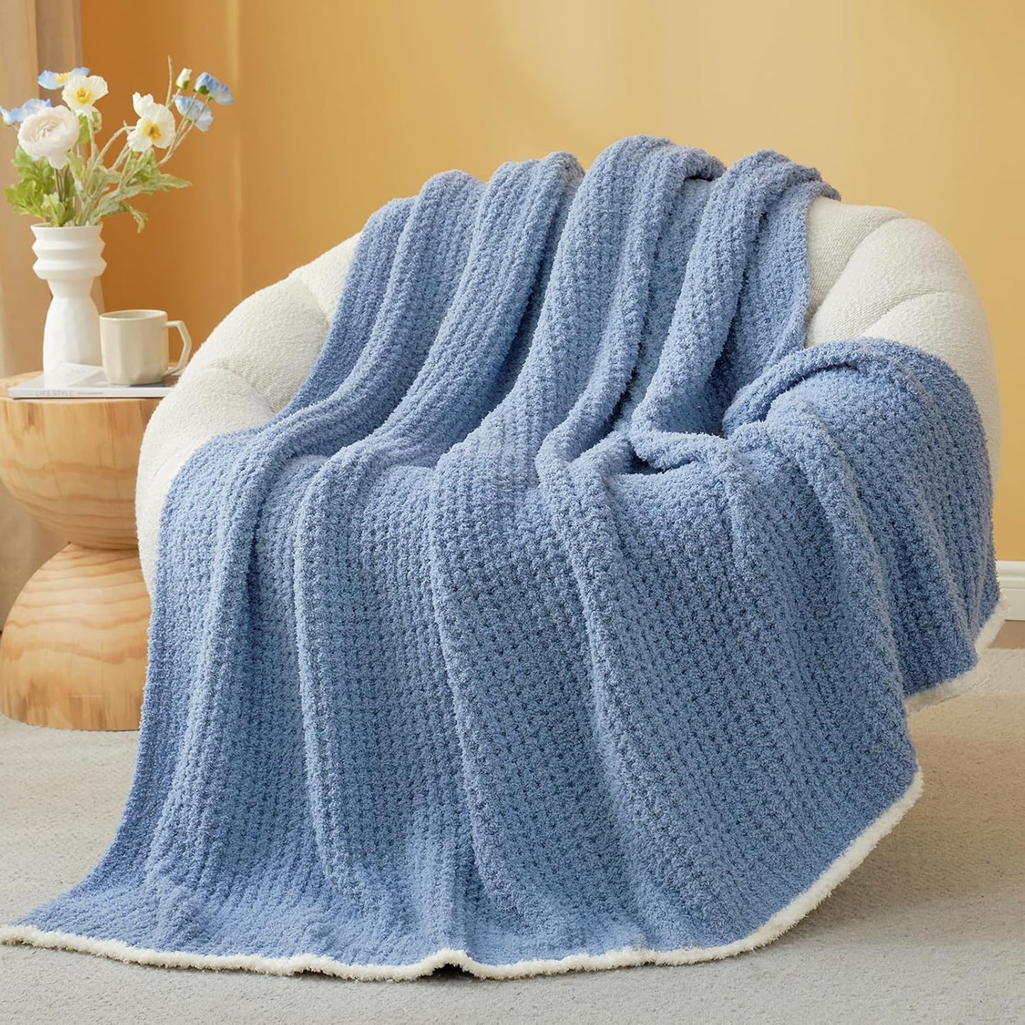 Snuggle Sac Ultra Soft Waffle Throw Blanket for Couch Bed Sofa 50x60 inches, Reversible Blue