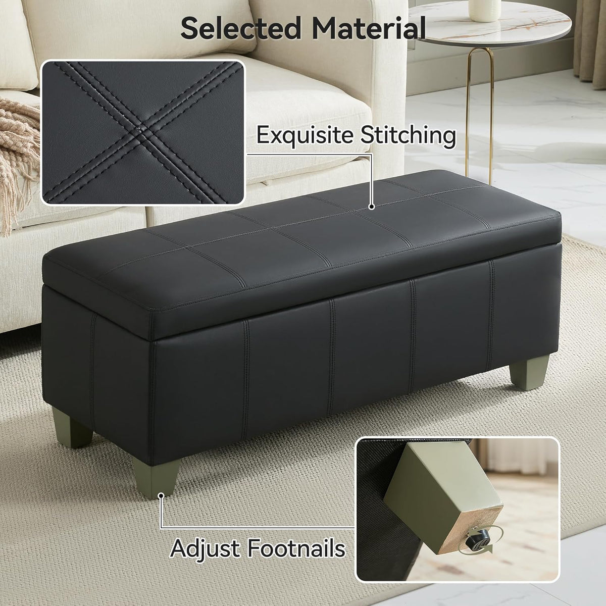 41" Faux Leather Storage Ottoman, Stitch Tufted Rectangle Upholstered End of Bed Storage Bench