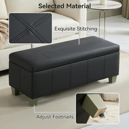 41" Faux Leather Storage Ottoman, Stitch Tufted Rectangle Upholstered End of Bed Storage Bench