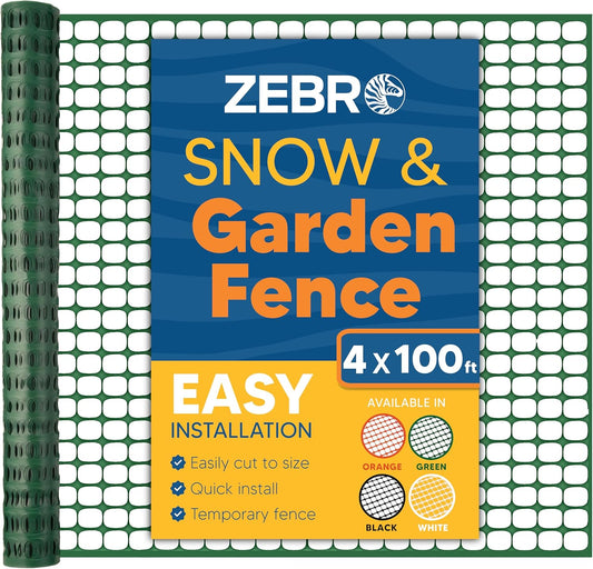 ZEBRO 4' x 100' Green Plastic Garden Fence Roll – Light Duty Mesh Fencing for Temporary Fence