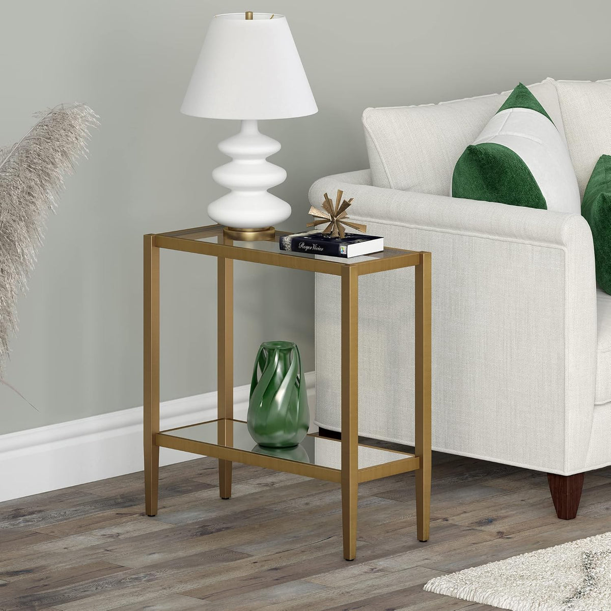 Henn&Hart 24" Wide Rectangular Side Table with Glass Shelf in Antique Brass, Table for Living Room