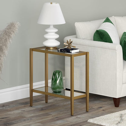 Henn&Hart 24" Wide Rectangular Side Table with Glass Shelf in Antique Brass, Table for Living Room