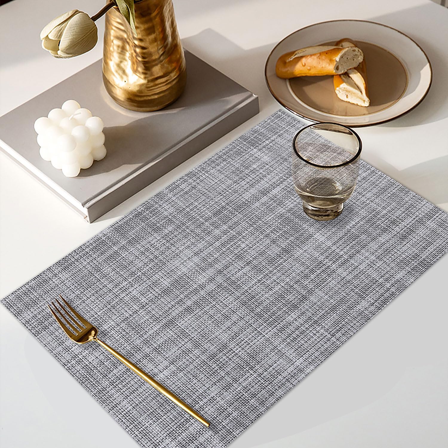Vinyl Placemats Set of 6, PVC Woven Washable Non-Slip Table Mats, Heat Resistant Wrinkle Free Place