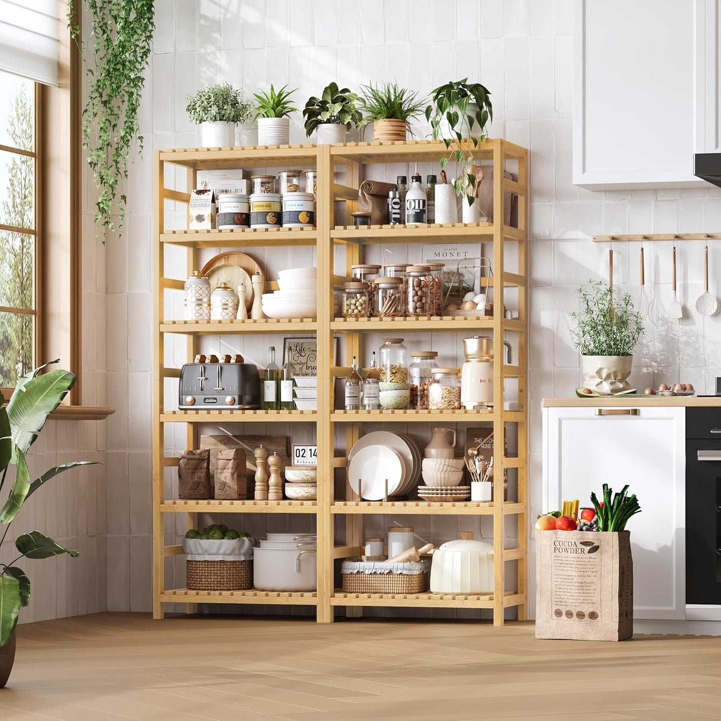 FOTOSOK 6-Tier Bamboo Shelf Set of 2, Bamboo Bookcase with Adjustable Shelves, Free Standing