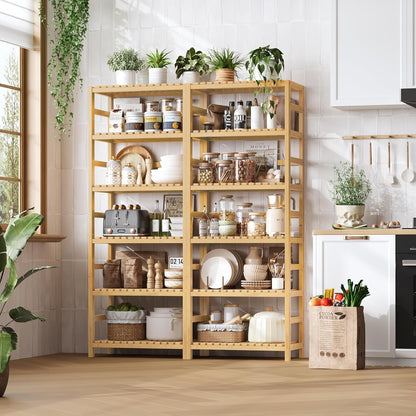 FOTOSOK 6-Tier Bamboo Shelf Set of 2, Bamboo Bookcase with Adjustable Shelves, Free Standing