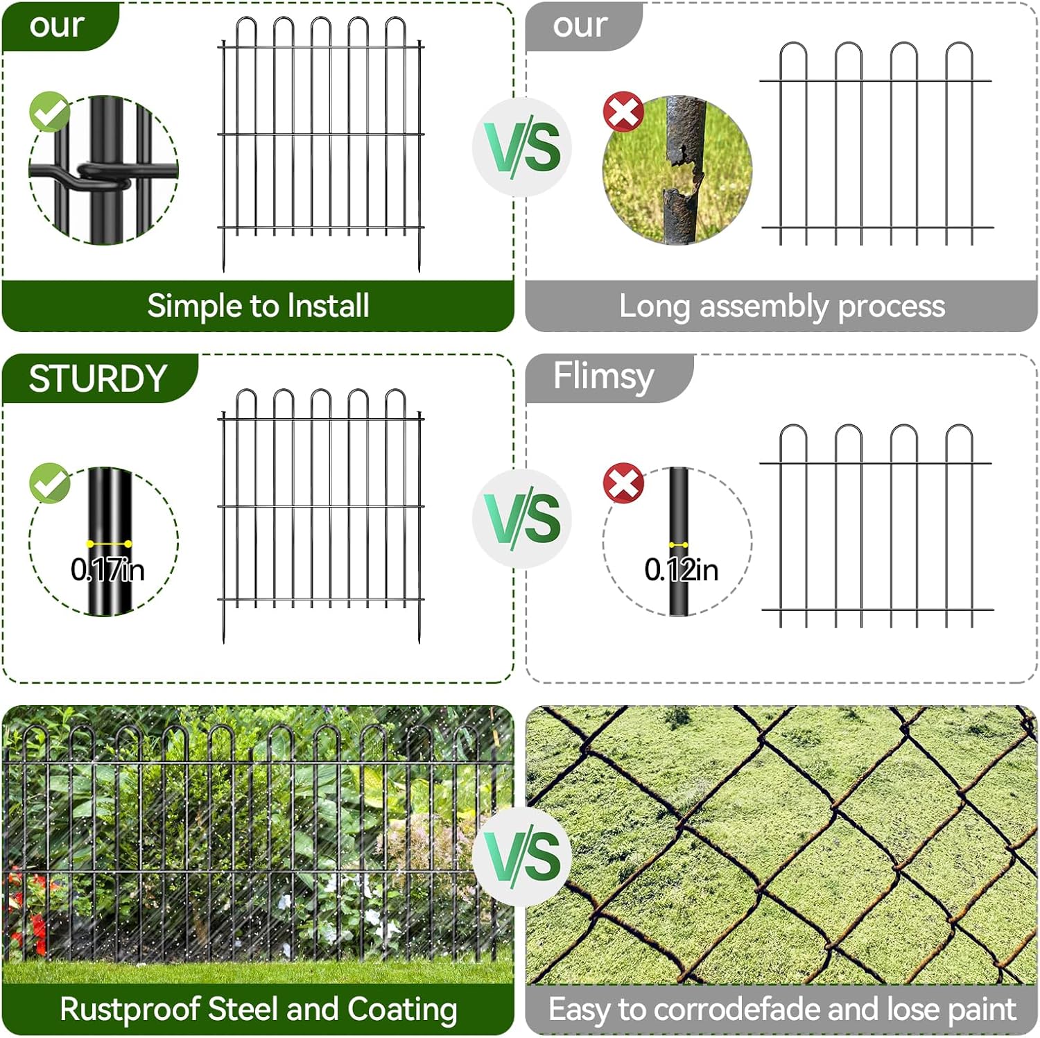 25 Panels Decorative Garden Fence, 50ft X 32in Rustproof Metal Animal Barrier Fence, No Dig Fence