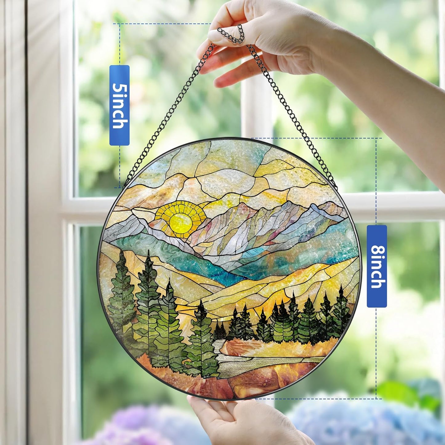 Stained Glass Window Hanging - 8 Inch Mountain Range Suncatcher for Window Doors Home Decoration