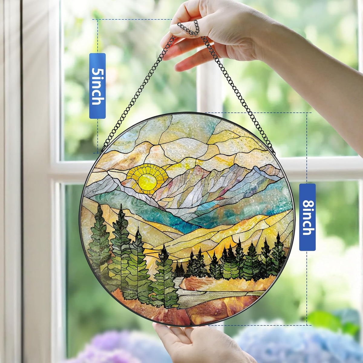 Stained Glass Window Hanging - 8 Inch Mountain Range Suncatcher for Window Doors Home Decoration