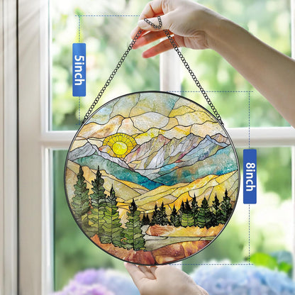 Stained Glass Window Hanging - 8 Inch Mountain Range Suncatcher for Window Doors Home Decoration