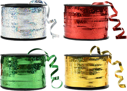 BEISHIDA 4 Pack Christmas Curling Ribbons Red Green Gold Silver Balloon String Ribbons for Gift