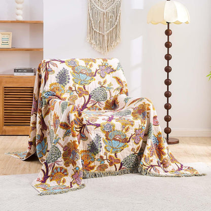 Boho Throw Blanket for Bed, 100% Cotton Soft Rustic Quilt Fall Blanket, 80"x90" Floral Printed