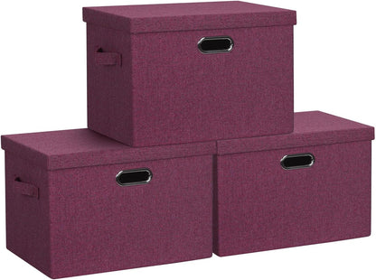 Large 17" 36 Quart Collapsible Stackable Storage Bins with Lids, 3 Packs Purple Linen Fabric Closet