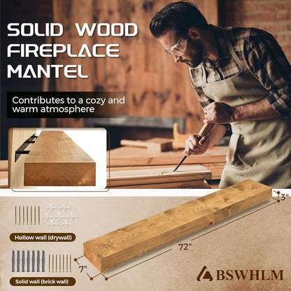 72x7x3 Fireplace Mantel - Solid Rustic Wood - Wall Mounted Floating Shelf with Invisible Heavy Duty