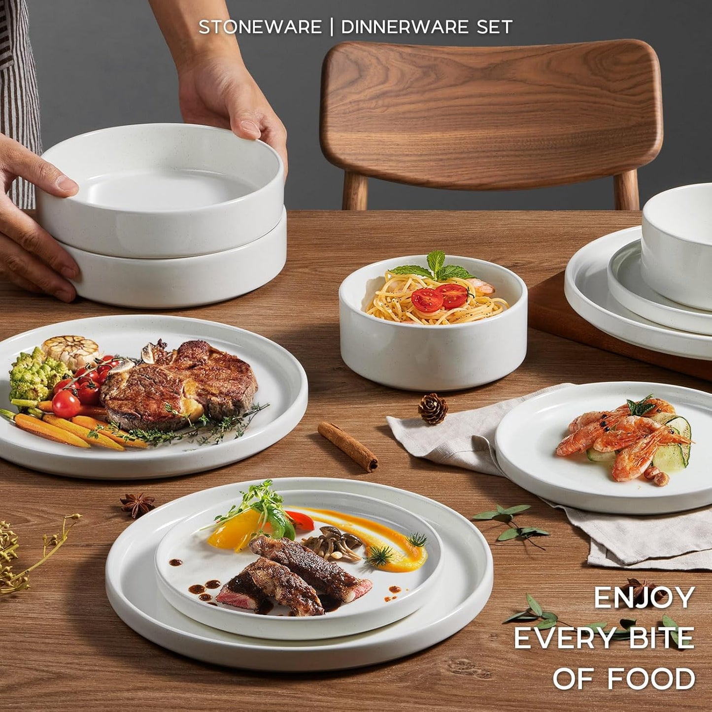 Stoneware Dinnerware Sets for 4 with Pasta Bowl, Onader 16 Piece Plates and Bowls Dish Set