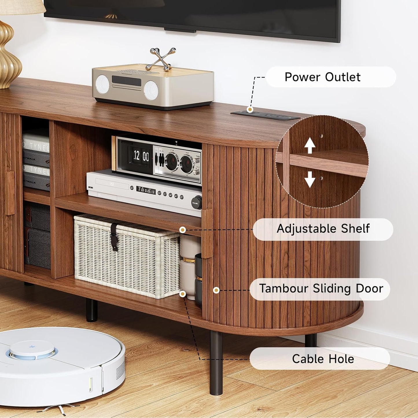 63" TV Stand with Power Outlet, Modern Media Console with Sliding Doors, Entertainment Center for