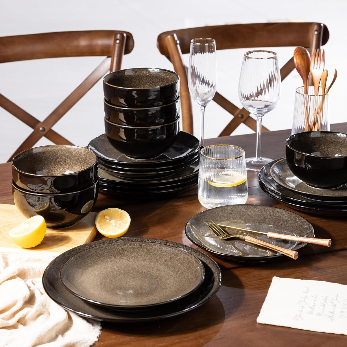 LeRatio Ceramic Dinnerware Sets for 6,Stoneware Plates and Bowls Sets,Handmade Reactive Glaze