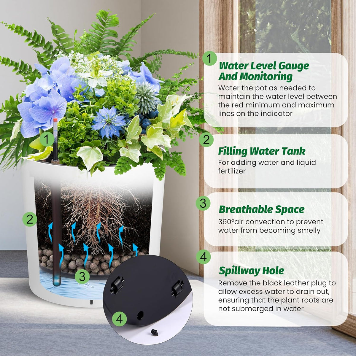 Tall Round Planter Set of 2, 19.5‘’ H x 19.9" Dia Large Planters for Indoor Plants with Built-in