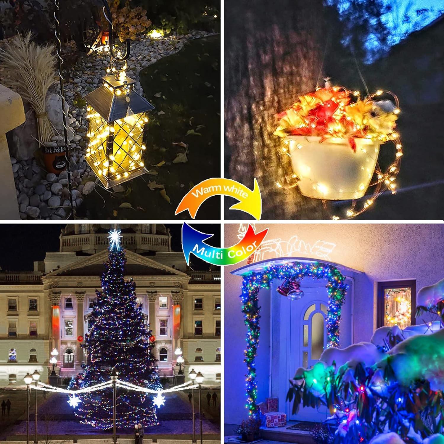 (Warm White ⇋ Multicolor) Solar Christmas String Lights Outdoor, 2-Pack 80FT 200 LED Waterproof