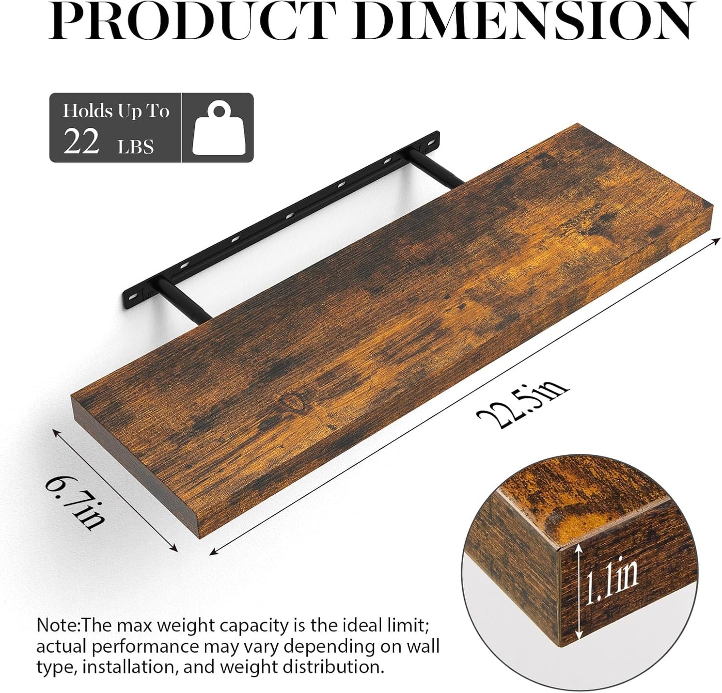 BAYKA Floating Shelves Set of 2, 22.5" Rustic Wood Wall Mounted Shelves for Bedroom, Living Room