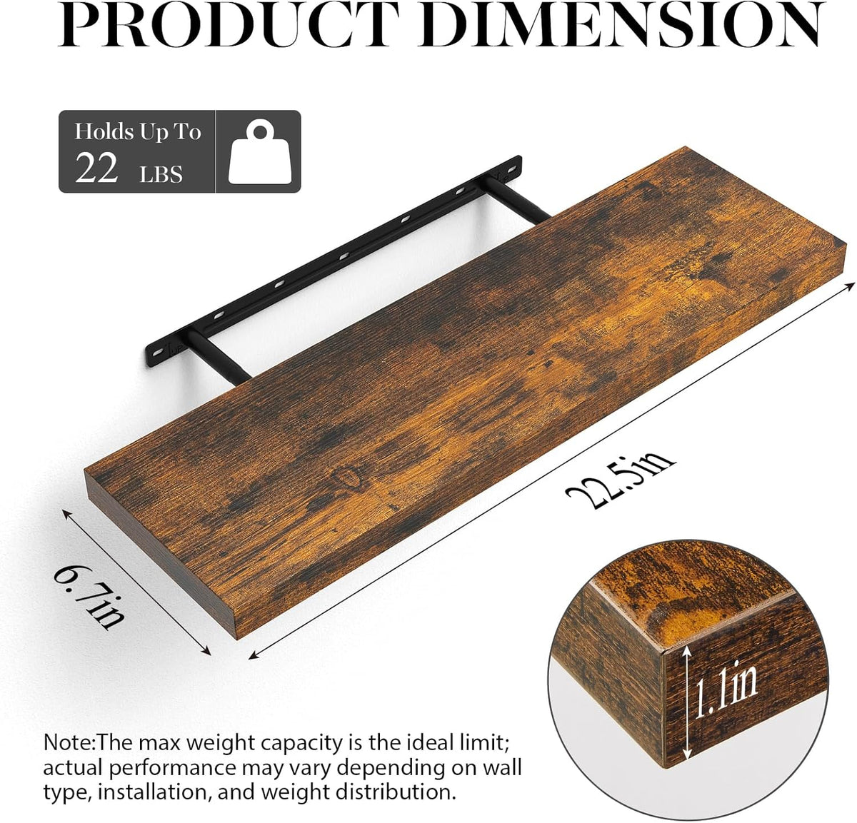 BAYKA Floating Shelves Set of 2, 22.5" Rustic Wood Wall Mounted Shelves for Bedroom, Living Room