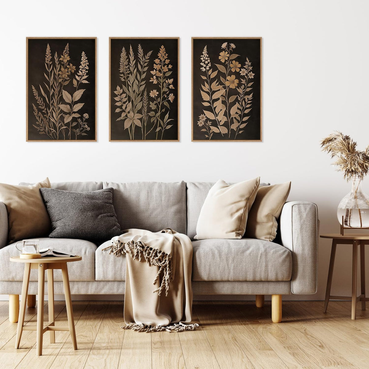 HLNIUC Vintage Botanical Fern Framed Canvas Wall Art Set,Black and Tan Plant Leaf Wall