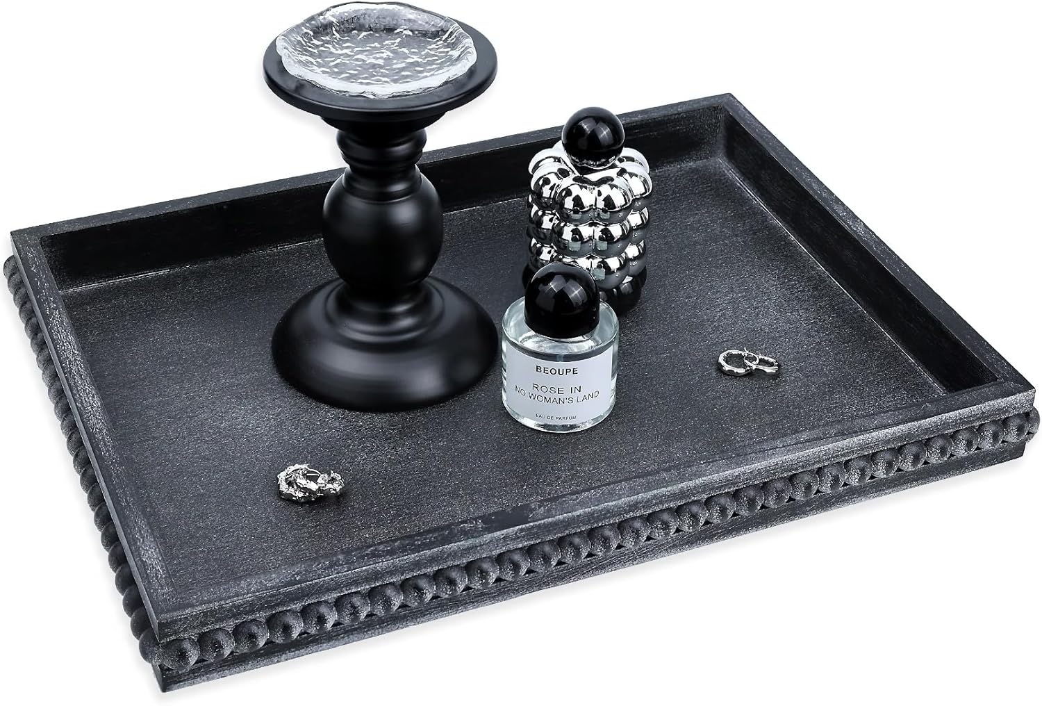 Rectangle Wood Serving Tray with Beads, Black Washed Wooden Decorative Tray for Entertaining