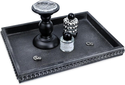 Rectangle Wood Serving Tray with Beads, Black Washed Wooden Decorative Tray for Entertaining
