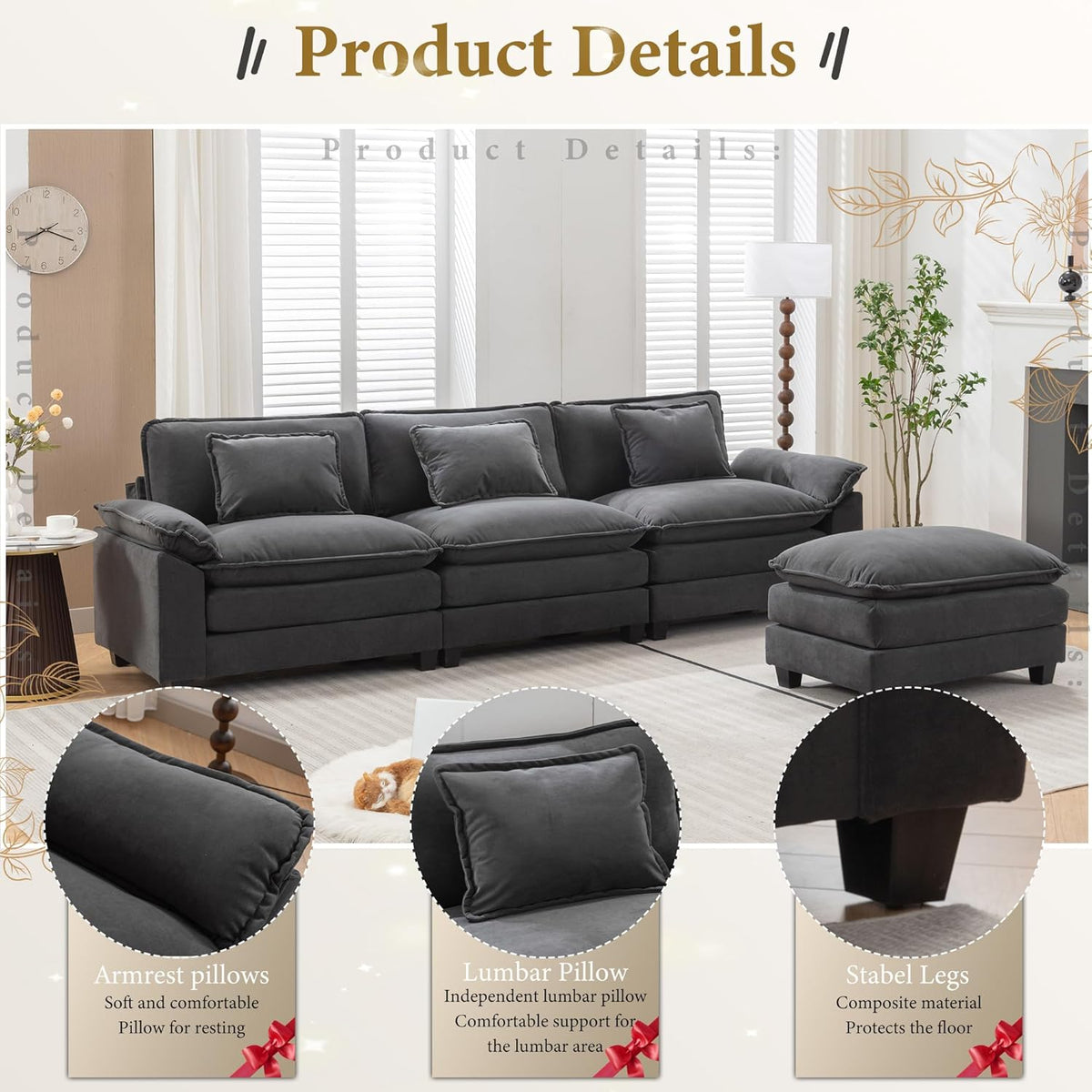 URRED Modular Sectional Sofa Comfy Cloud Couch, Modern Velvet Sofa Sleeper Deep Seat Couches with