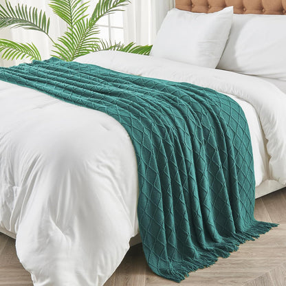 inhand Knitted Throw Blankets for Couch and Bed, Soft Cozy Knit Blanket with Tassel, Blue