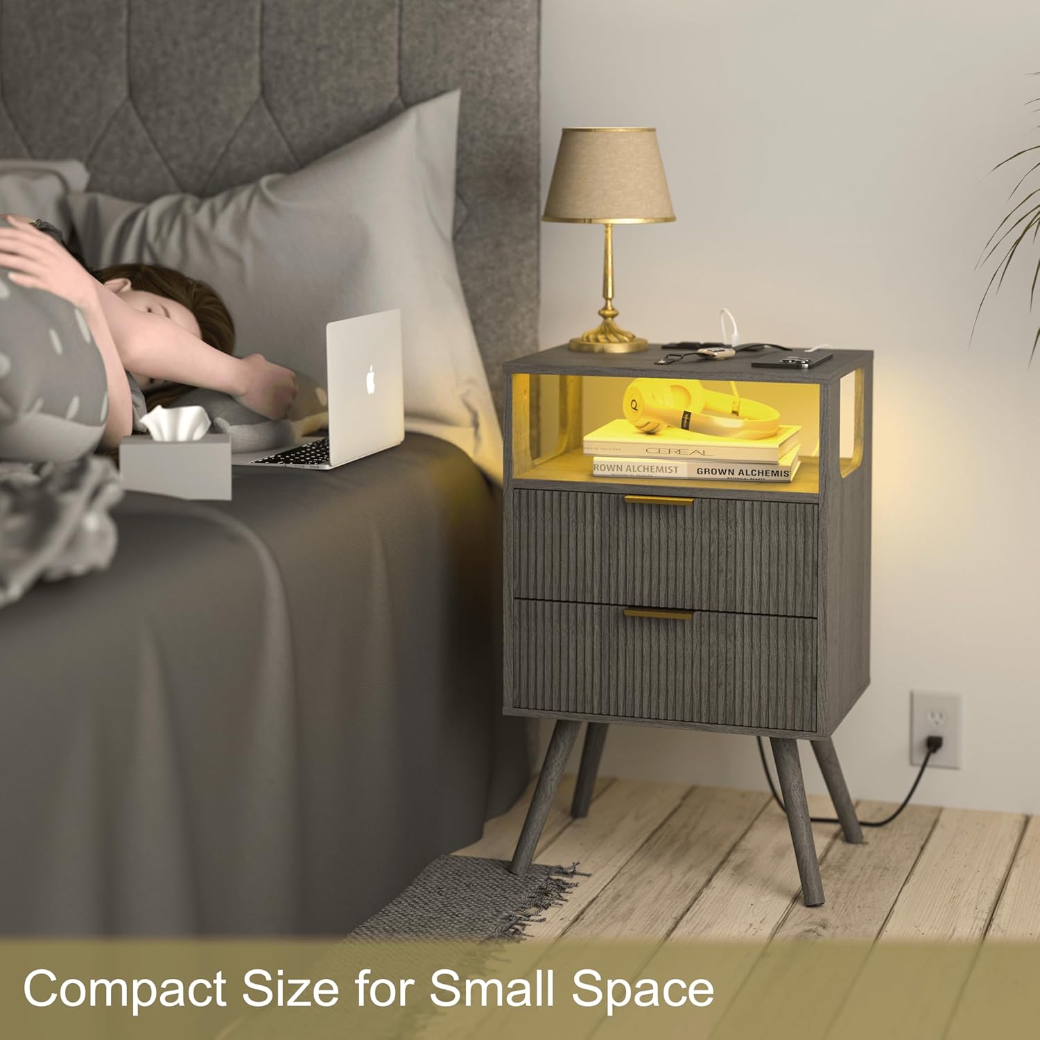 Nightstand with Charging Station and LED Lights,Modern Bedside Table with 2 Storage Drawer and Open