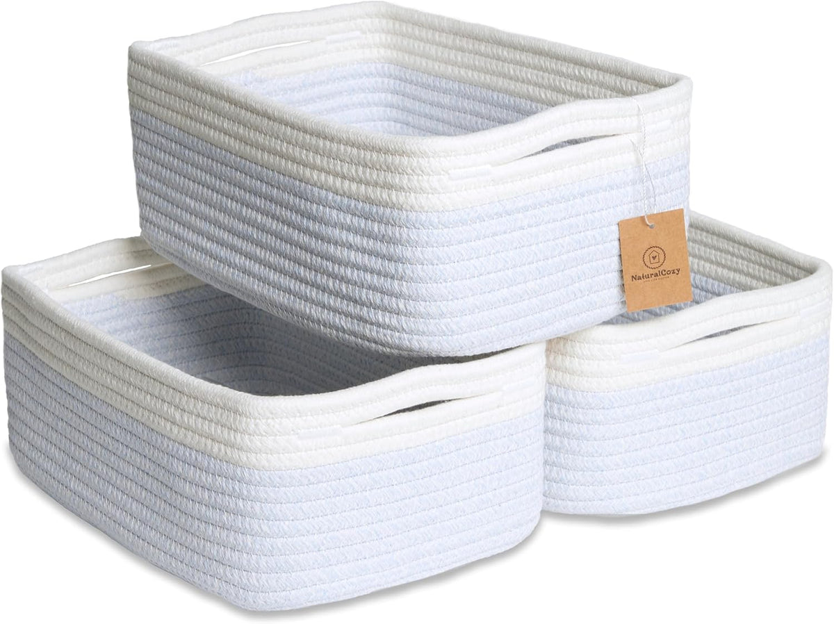 NaturalCozy 11.8"x8"x4.5” Rectangle Storage Baskets for Shelves 3 Pack | Cotton Rope Woven Small