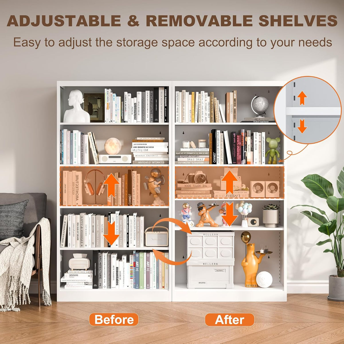 White Bookshelf, 55” Adjustable Tall Metal Bookshelf, 5-Tier Wide Bookshelf with Anti-Tilt Device