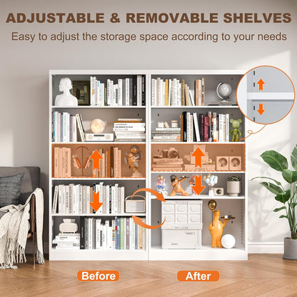 White Bookshelf, 55” Adjustable Tall Metal Bookshelf, 5-Tier Wide Bookshelf with Anti-Tilt Device