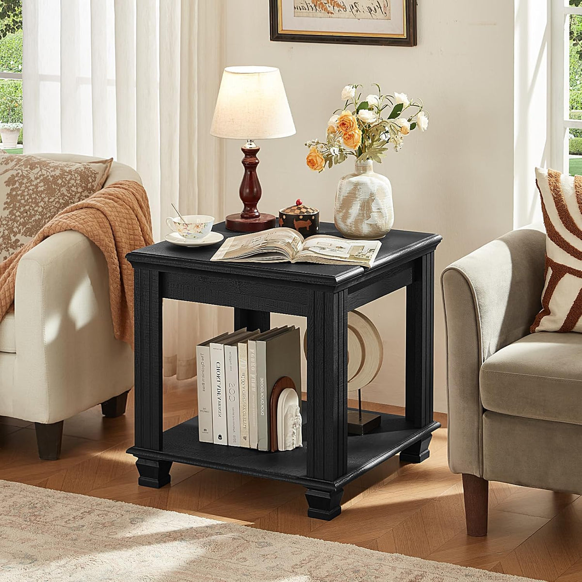 Farmhouse End Table Set of 2,Large Side Table with 2-Tier Storage Shelf,Rustic Wood End Tables for