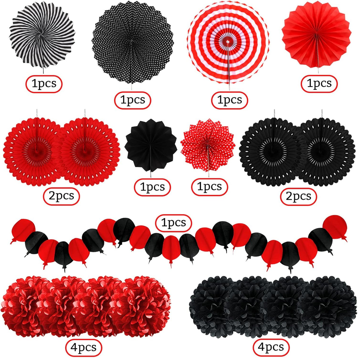 Red and Black Party Decorations, Papar Fans Pompoms Fans Garlands for Birthday Wedding Graduation