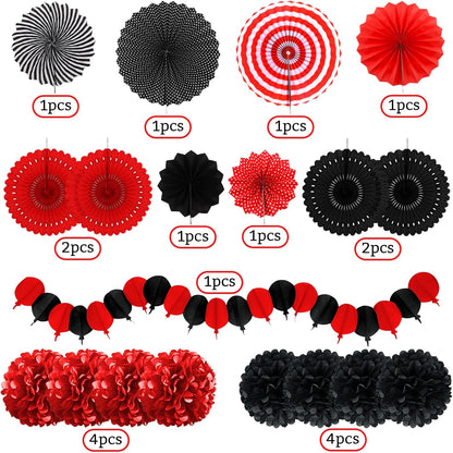 Red and Black Party Decorations, Papar Fans Pompoms Fans Garlands for Birthday Wedding Graduation