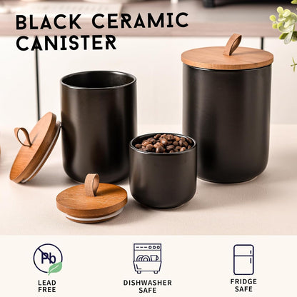 Black Ceramic Canister Set with Bamboo Lids, 3-Piece Airtight Food Storage Jars for Kitchen